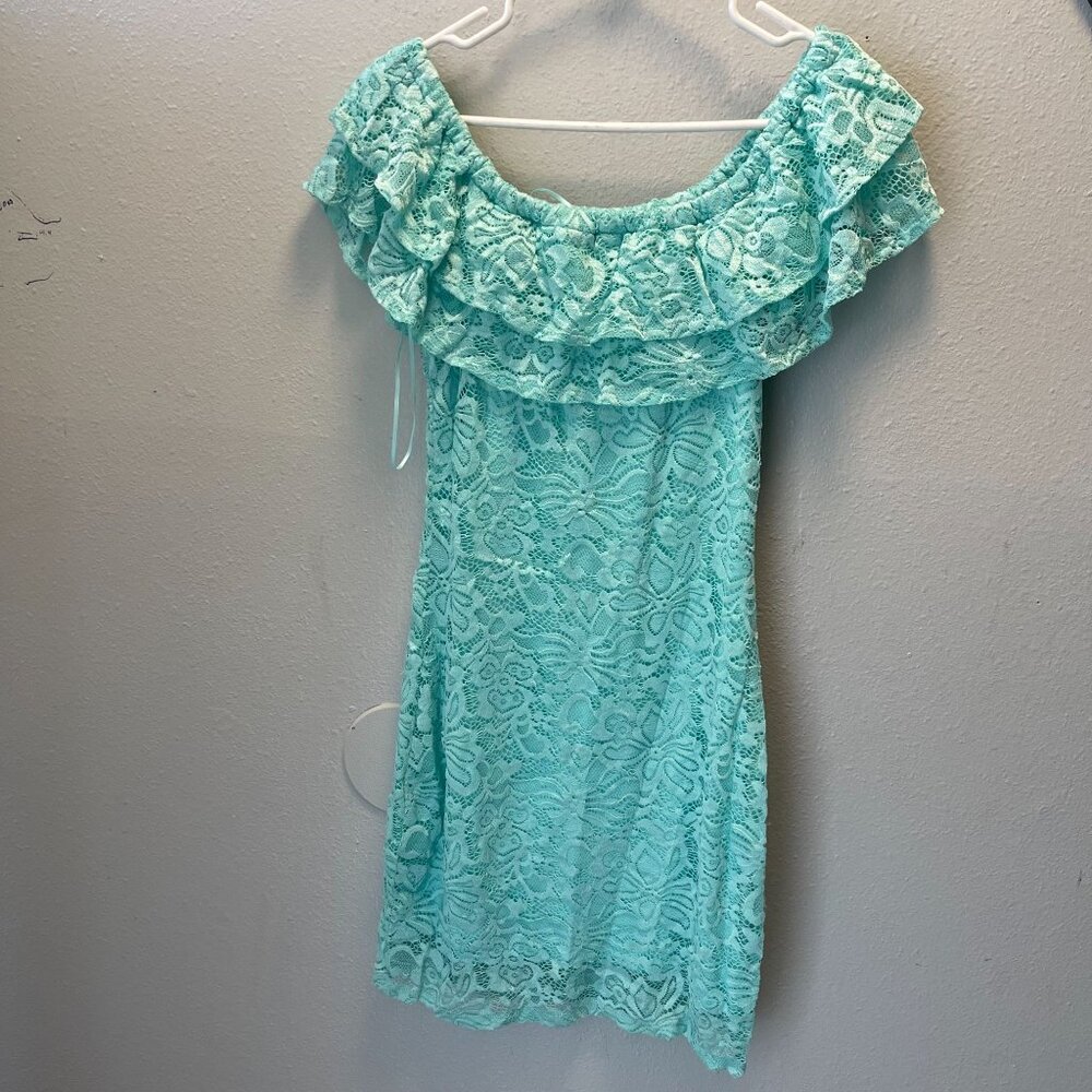 ci sono Off Shoulder Strapless lace light‎ blue dress pull on